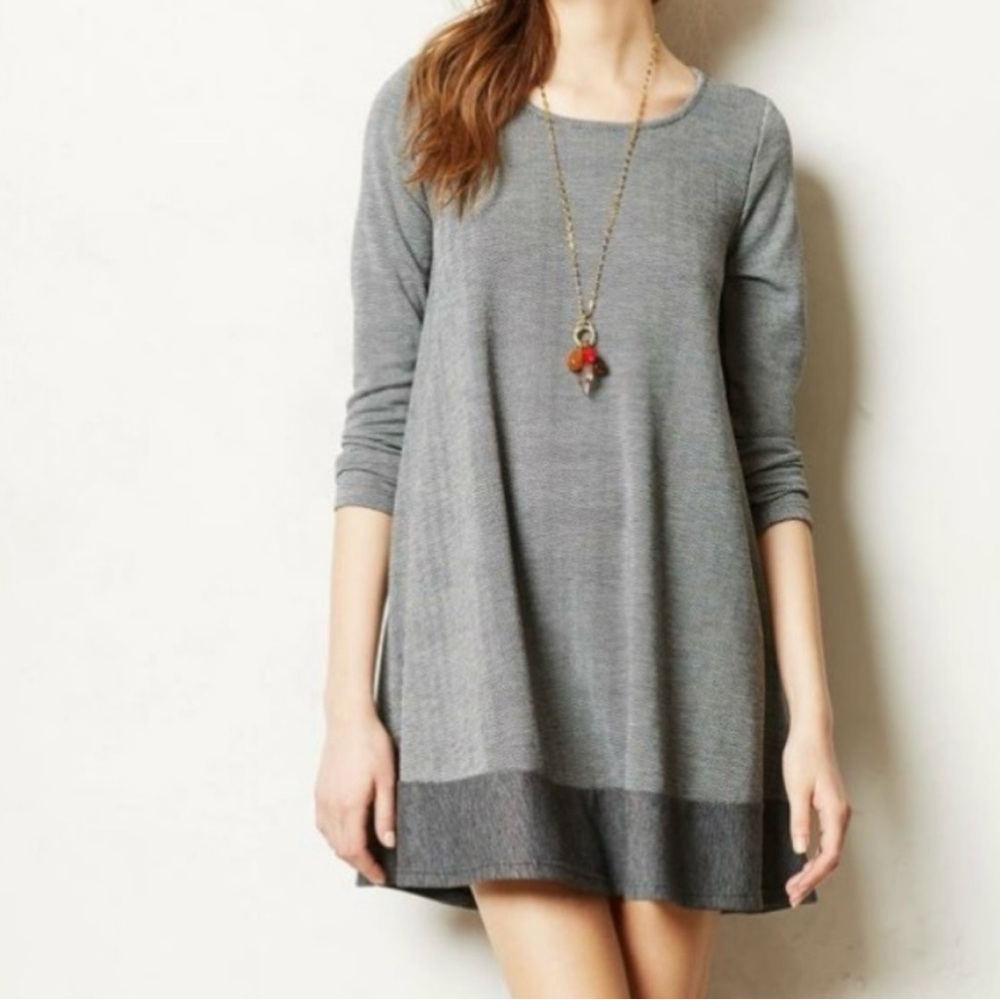 Anthropologie Puella Savant Gray Herringbone Swing Shift Elbow Patch Dress